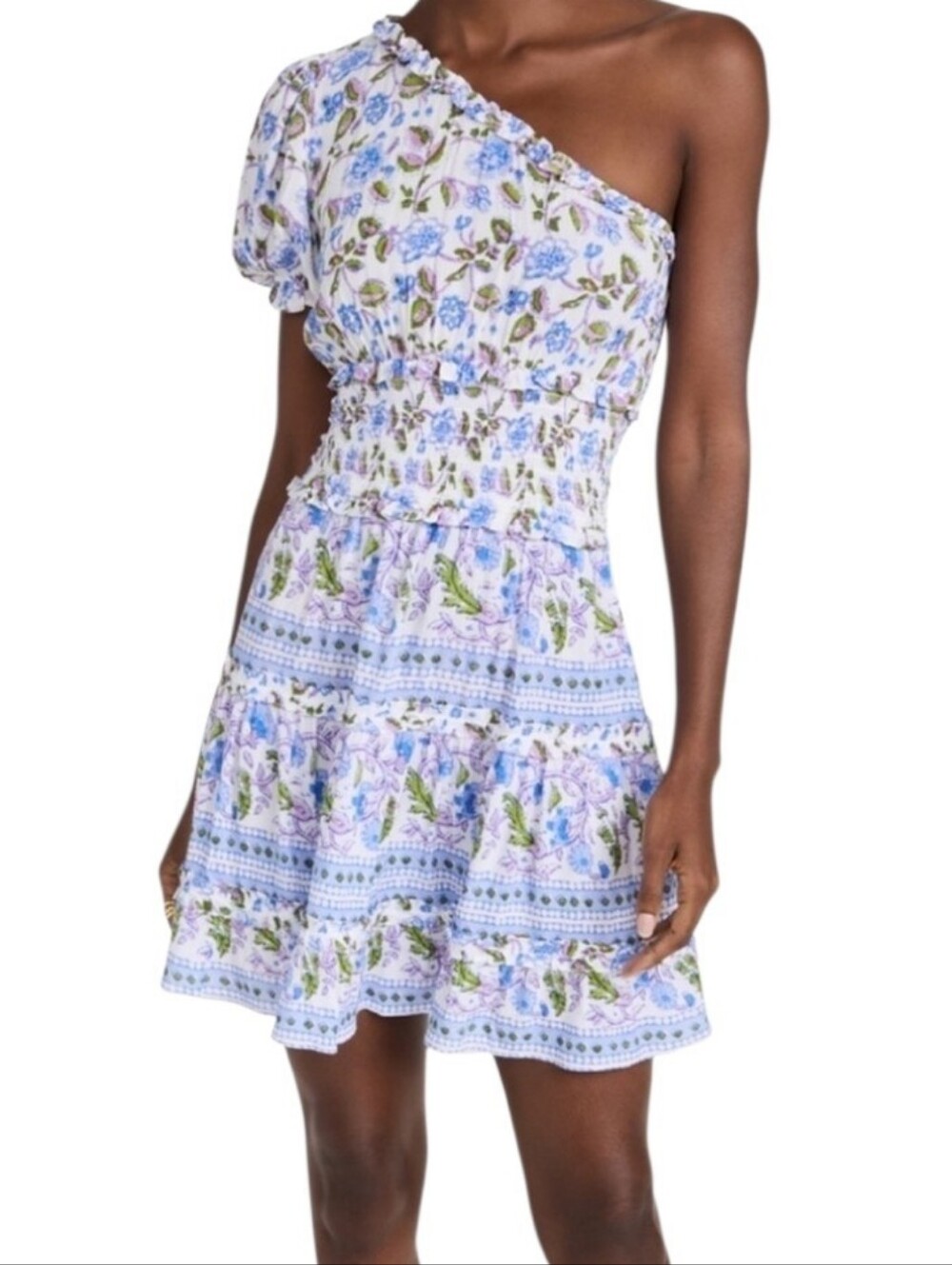 Playa Lucila One-Shoulder Floral Pleated Tiered Ruffle Mini Dress Sz S Festival
